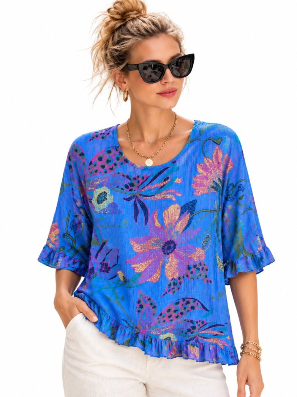 Italian designer, cotton rich, vibrant blue print blouse